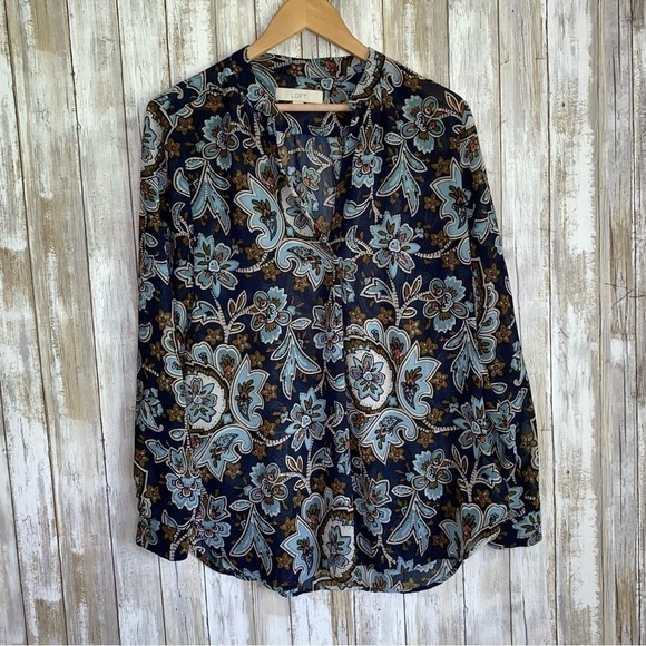 LOFT Tops - LOFT Blue Paisley Floral Popover Blouse Medium Boho Tunic Top